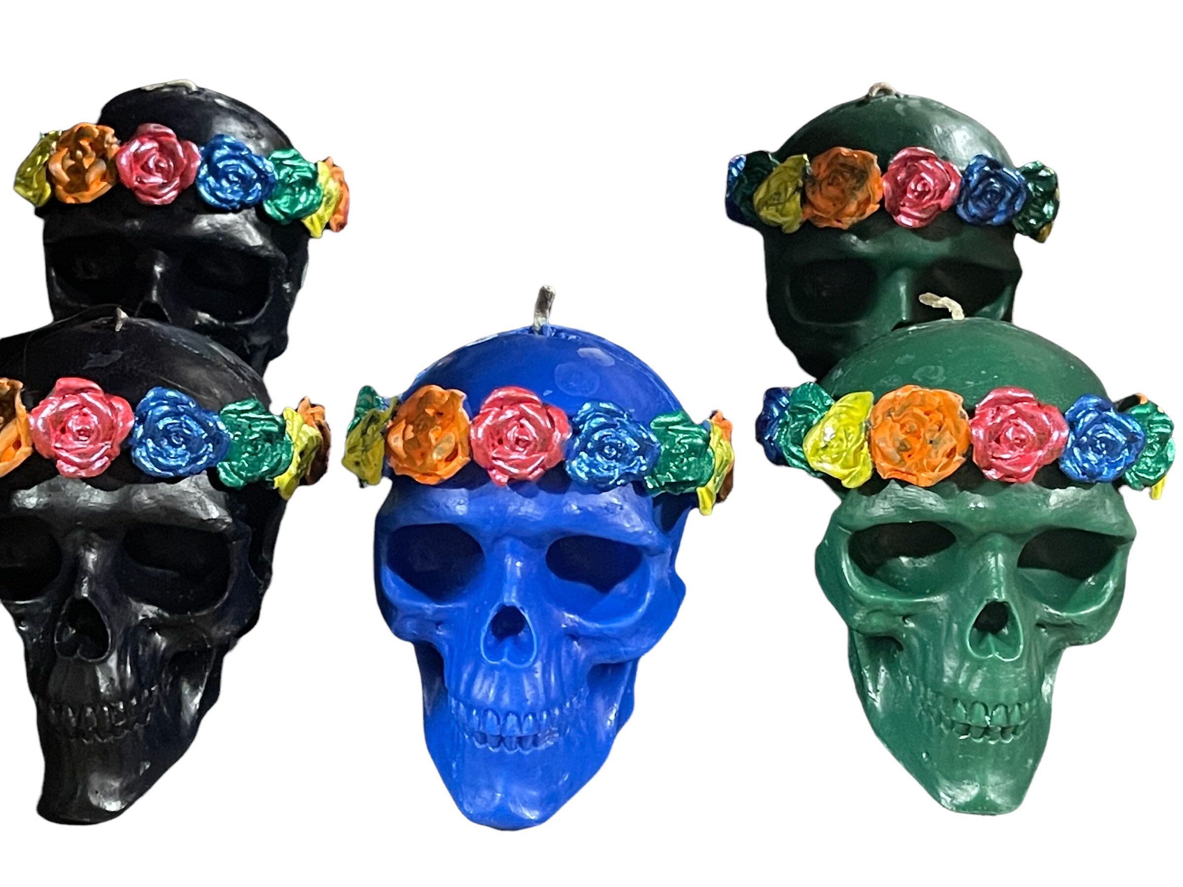 Beautiful Santa Muerte Skull Candle with Roses - 6 Inches - Bonus Santa Muerte Oil Included