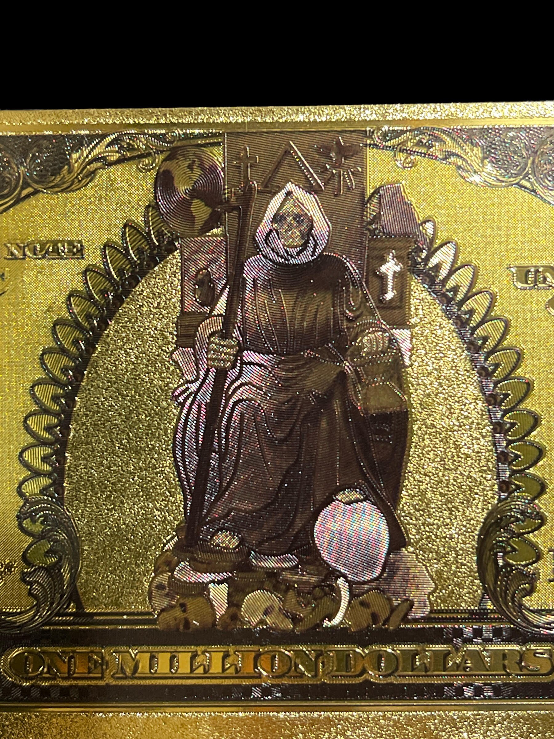 Santa Muerte Hundred Dollar Bill in Gold: Unique Money Charm for Your Wallet - Image 2