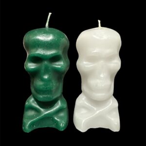 Set of 2 Skull Candles for Prosperity, Protection, and Positive Energy - Manifest Your Goals with Green, Black, and White Skull Candles