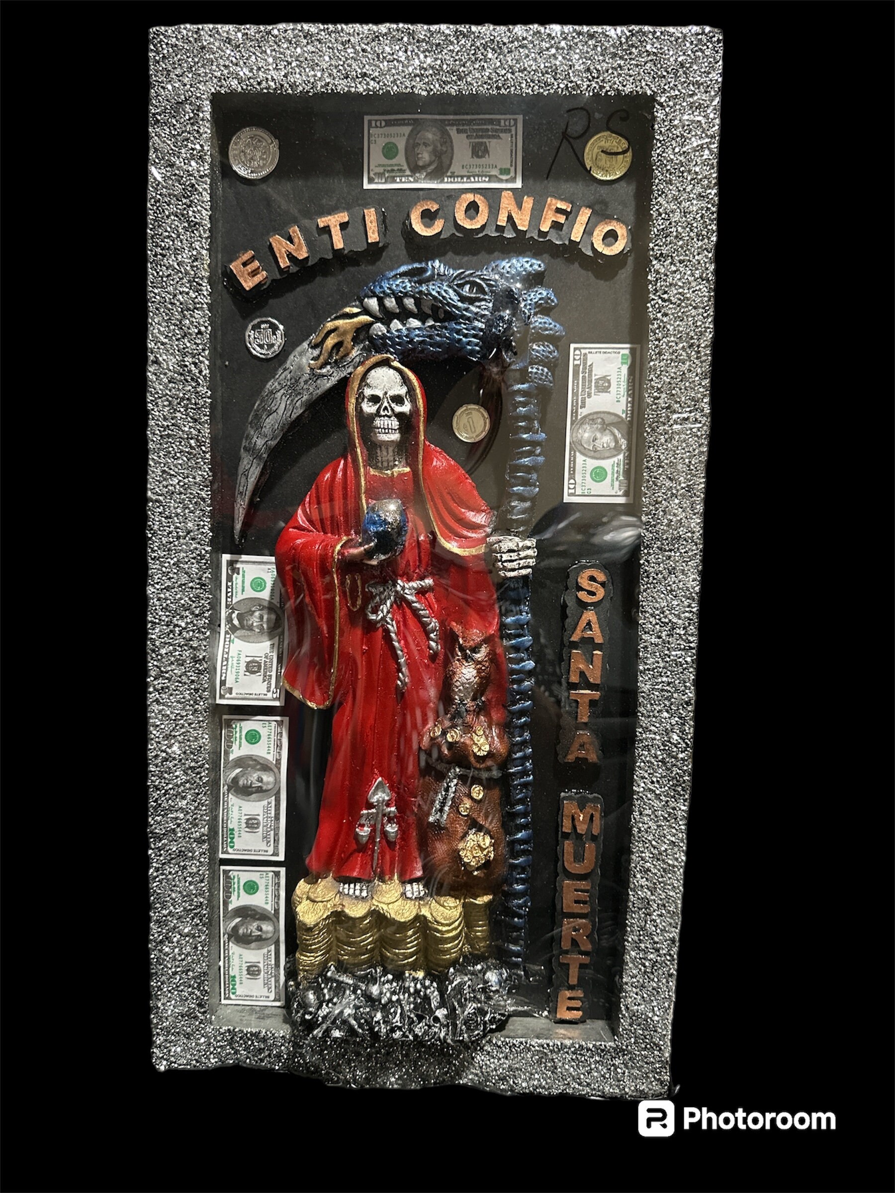 Stunning Santa Muerte Wall Art with Coins and Dragon Scythe - Powerful Home Blessing